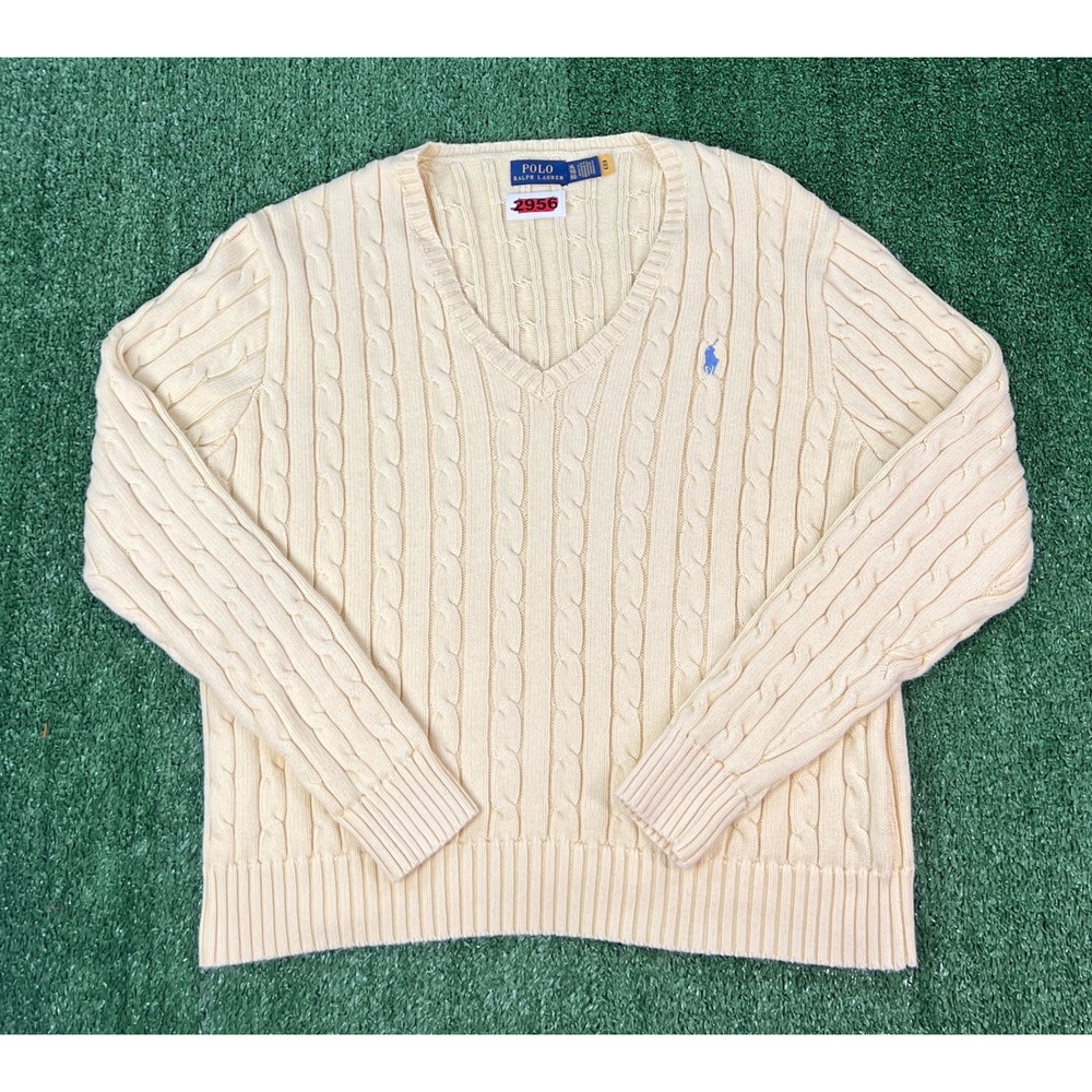 Polo Ralph Lauren Womens Cable Knit V-Neck Sweater Cream Blue Pony XL